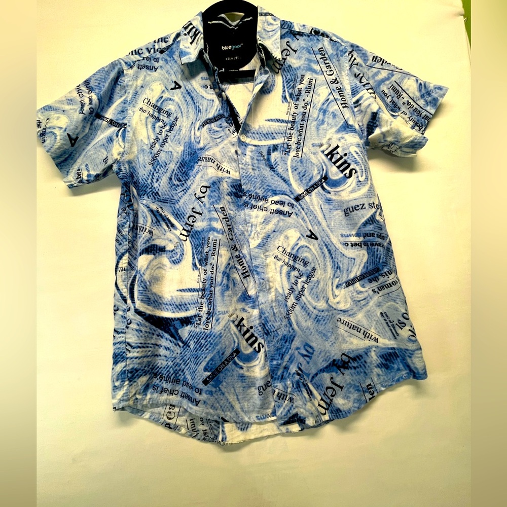 BLUEGEAR SLIM‎ FIT BUTTON DOWN SHORT SLEEVE SHIRT 100%COTTON W/GRAPHICS M BLUE